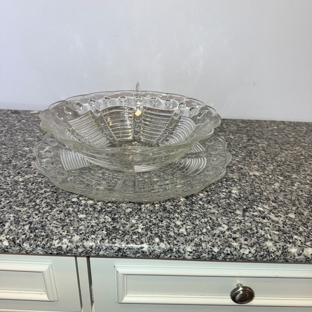 Vintage Serving Bowl and Platter Set Clear Pressed Glass Scalloped Edge